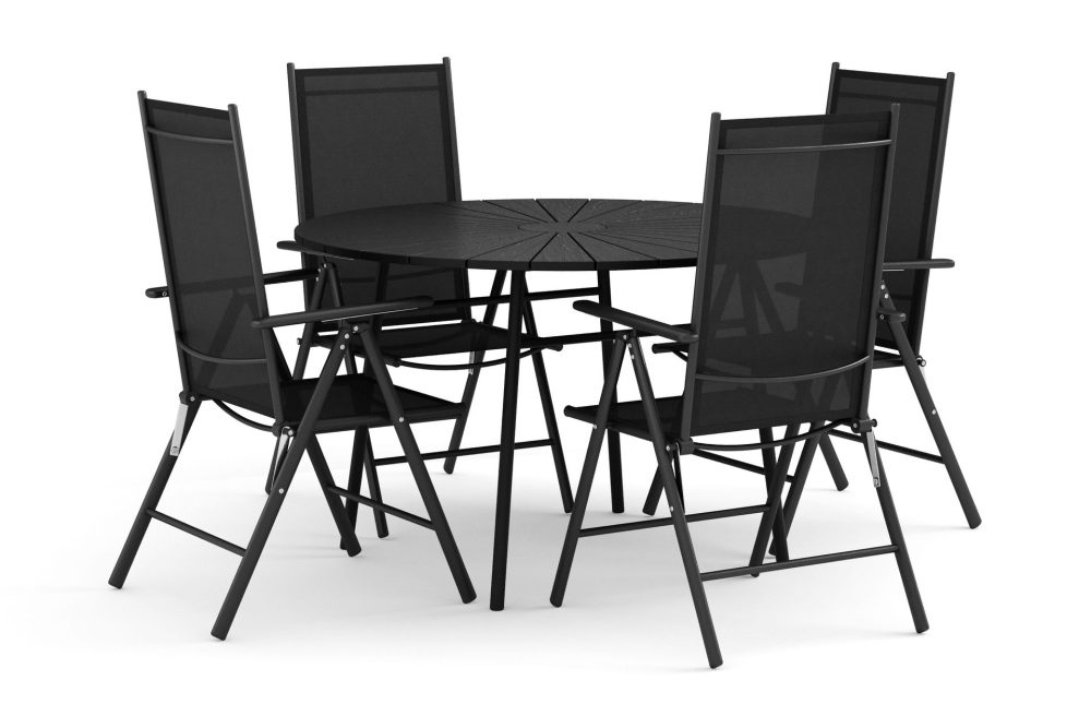 Tunis utomhus rund matgrupp 120 cm med 4 Maggie positionsstolar