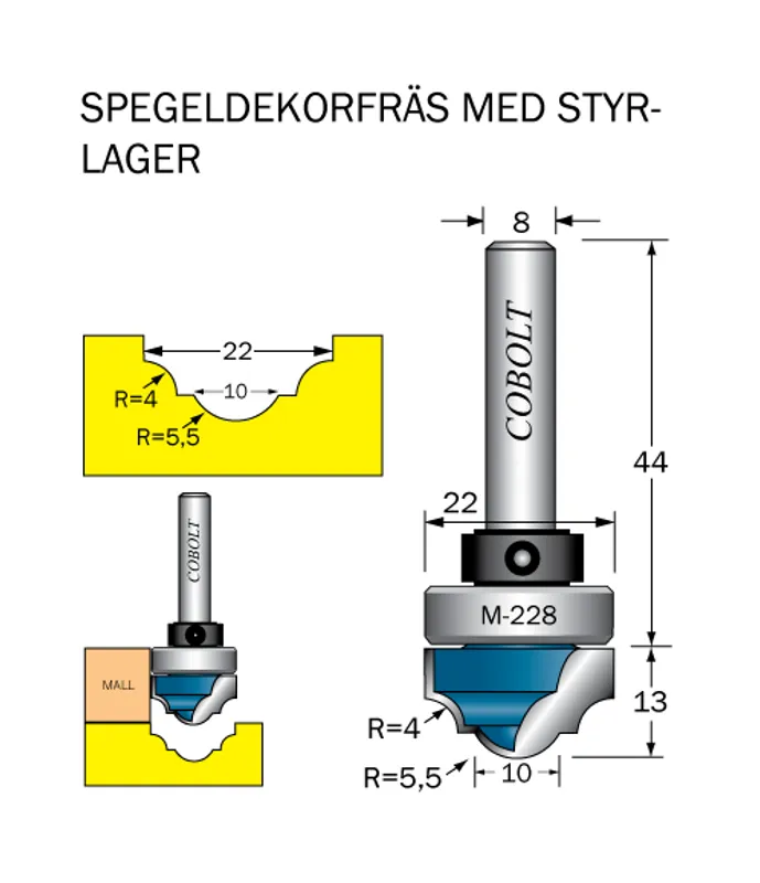 Cobolt Spegeldekorfräs D1=22 D2=10 R1=4 R2=5.5