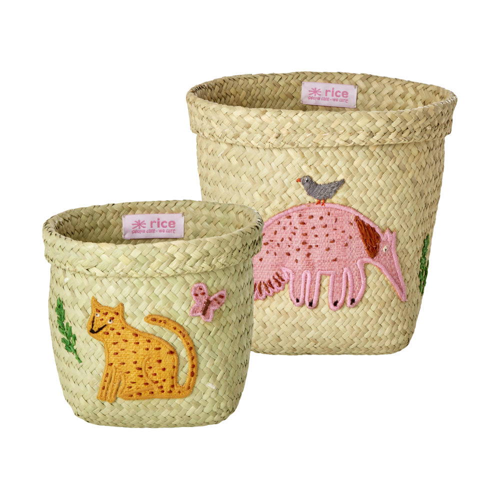 Rice raffia förvaringskorg rund 2 delar, Animal Embroidery-Pink-orange